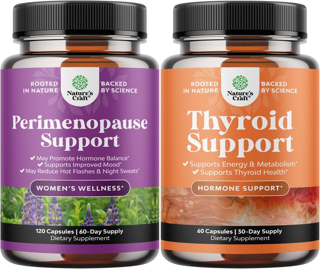 Ensemble de complément Periménopause avec Maca Root Vitex Berry & Black Cohosh pour les flashs chauds Sweats de nuit Hormone Balance & Mood and Thyroïde Support avec L Tyrosine Bladderwrack Selenium & Ashwagandha