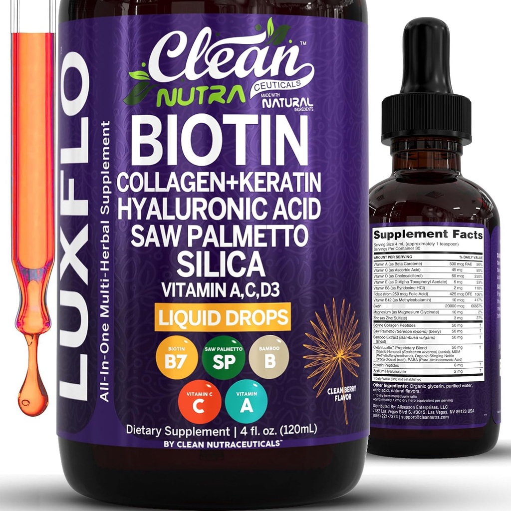 Biotine gouttes liquides Collagène kératine Acide hyaluronique Saw Palmetto pour la peau des cheveux et ongles Silica vitamine A C Vitamine D Bamboo Turmeric Zinc Folate Magnésium Horsetail LuxGlo par Clean Nutra