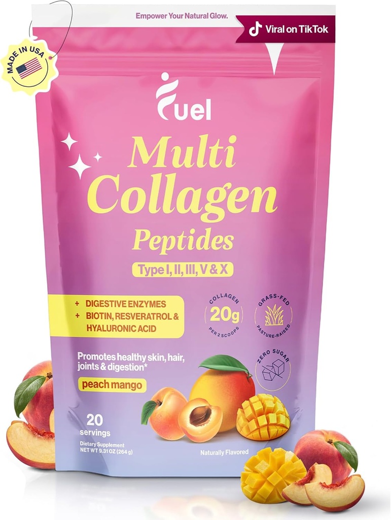 Carburant poudre de Peptides Multi Collagène – 20g de collagène hydrolysé I, II, III, V & X pour cheveux, peau, ongles et soutien articulaire – meilleure absorption – sans céto et sans gluten, mangue pêche, 9,31oz