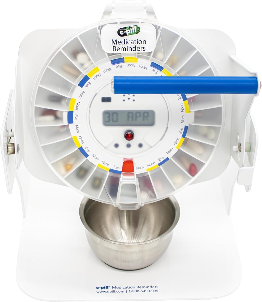 Station MedTime e-Pill – Distributeur automatique de pilule verrouillé avec base de tipper, 6 réglages d'alarme – Couverture transparente