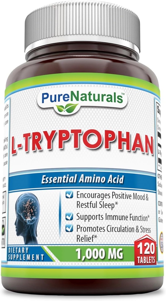Pure Naturals L-Tryptophane Supplément $ 1000 Mg par service $ 120 comprimés $ Non-GMO $ Sans gluten $ Fabriqué aux États-Unis
