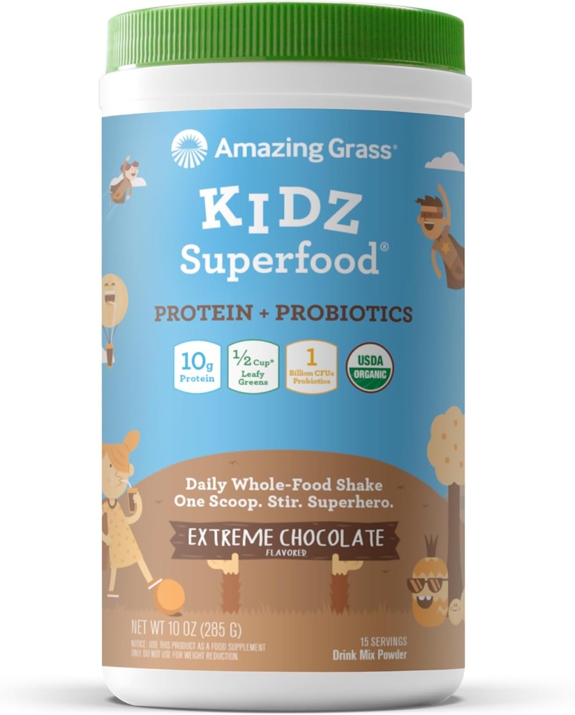 Amazing Grass Kidz Superfood: Protéines végétaliennes et probiotiques pour les enfants avec de la poudre de racine de betterave et 1/2 tasse de feuilles vertes, chocolat extrême, 15 portions