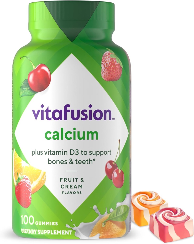 Vitafusion Vitamines gommy de calcium à croquer pour le soutien des os et des dents, Gommies de calcium, Arôme de fruits et de crème, 100 comtes, 50 jours