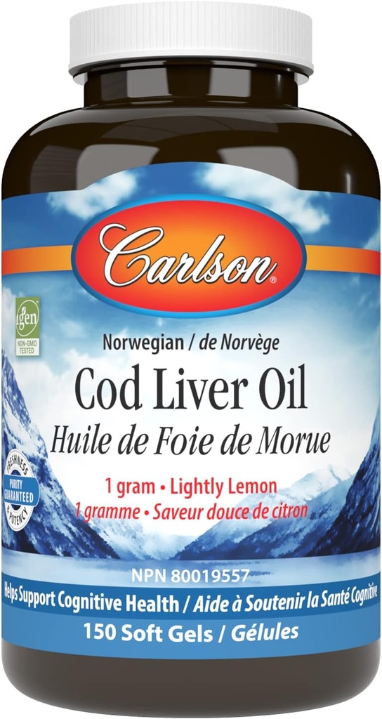 Carlson - Cod Liver Oil Gems, 460 mg Omega-3s + Vitamins A & D3, Wild-Caught Norwegian Arctic Cod-Liver Oil, Sustainably Sourced Nordic Fish Oil Capsules, Lemon, 150 Soft Gels