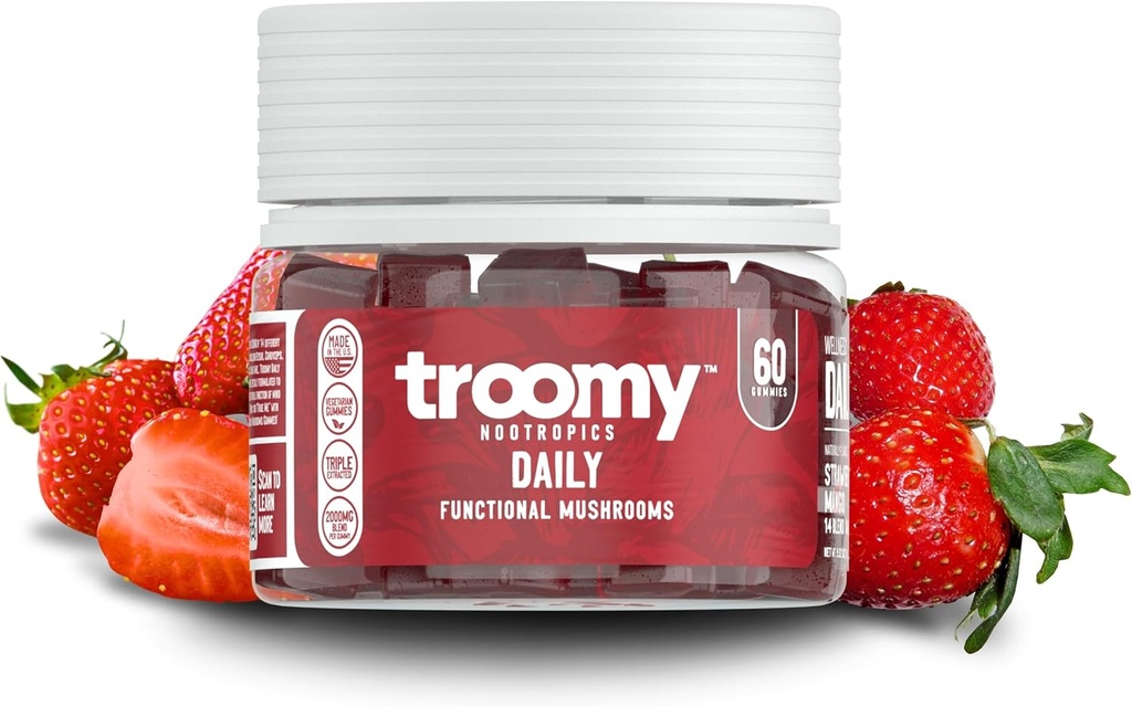 Troomy Daily 14 Mushroom Blend Gummies - Great Tasting Natural Mango Strawberry Flavor, Gelatin-Free, Gluten-Free, Vegetarian - 60 Count