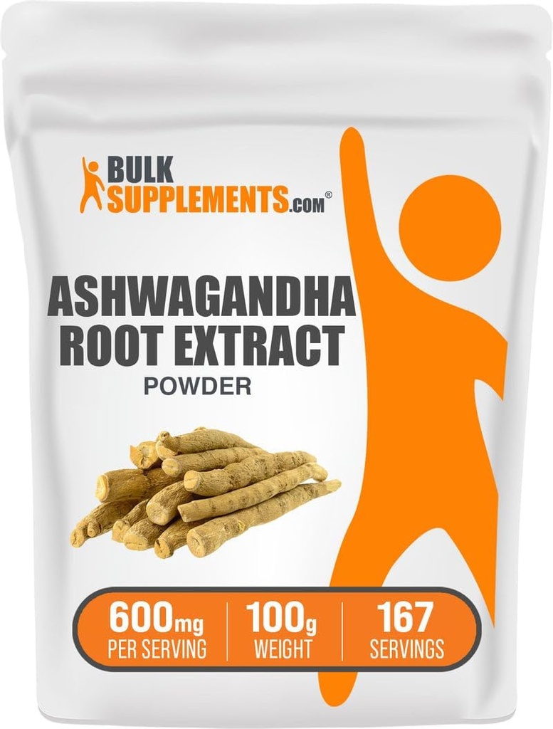 BulkSupplements.com Poudre d'extrait de racine Ashwagandha - supplément Ashwagandha, supplément à base de plantes - végétalien et sans gluten, 600mg par portion, 100g (3.5 oz) (paquet de 1)