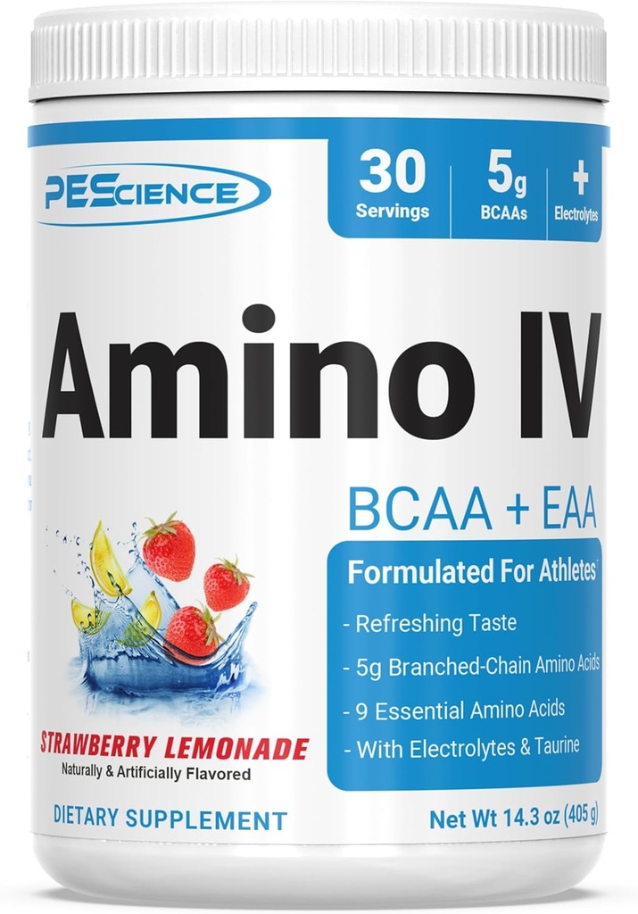 PEScience Amino IV BCAA & EAA Poudre, acides aminés essentiels, taurine, électrolytes pour l'hydratation et la récupération musculaire, sans sucre pour les hommes et les femmes, après entraînement - Lémonade de fraise - 30 portions