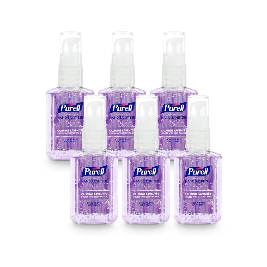 Gel avancé d'assainissement des mains de Purell infusé avec des huiles essentielles, Lavande calmante, bouteille de pompe de 2 fl oz (paquet de 6), 3905-04-EC