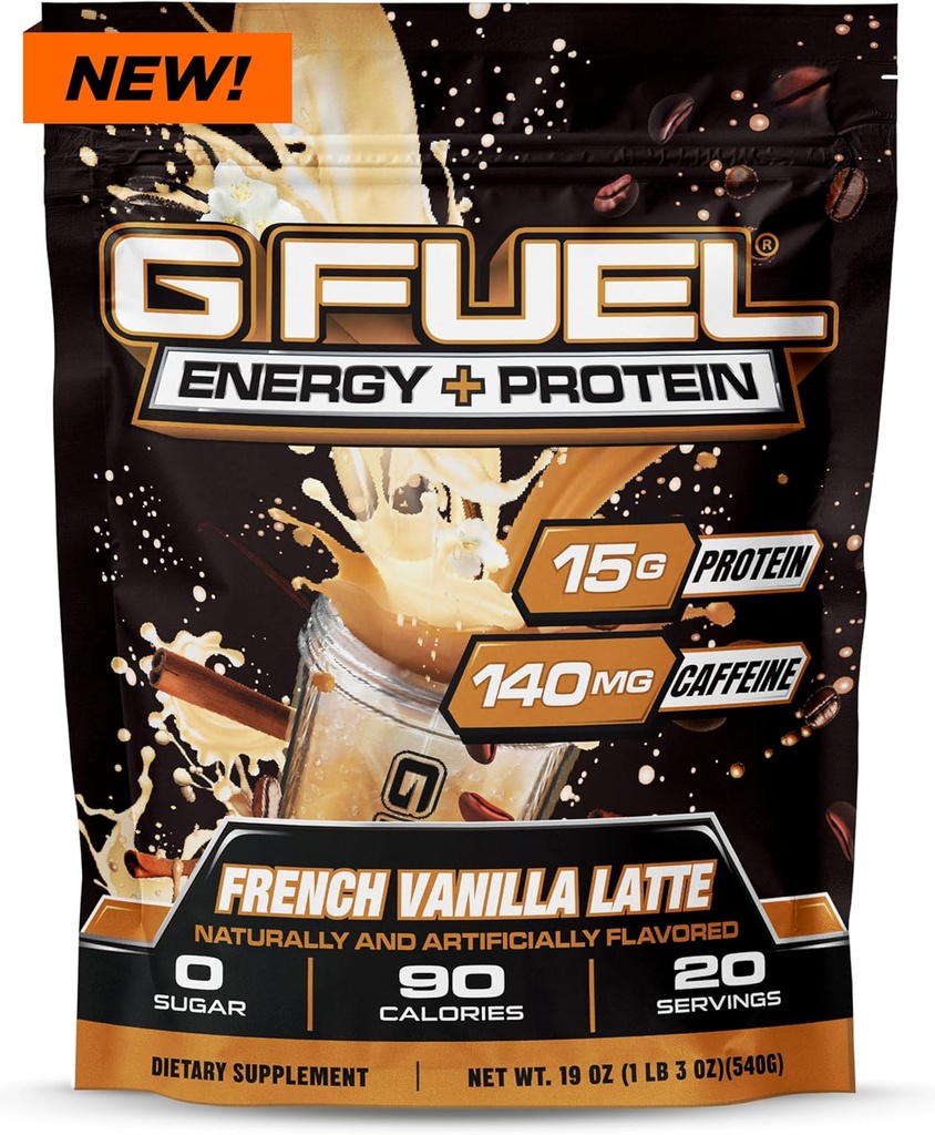 G Fuel Protein + Energy Drink Poudre, Pré-entraînement Mélange de caféine pour le jeu, sans sucre Focus Amino, Vitamine + Antioxydants, 19oz (Vanilla Latte, 20 portions)