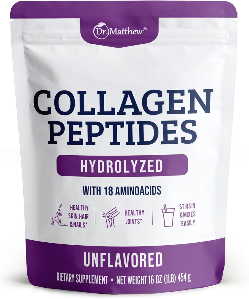 Dr Matthew Hydrolyzed Collagen Peptides Powder - Supplément de protéines de foie non aromatisé et gazonné pour les cheveux, la peau, les articulations - Non-OGM, Céto-Amis, Type 1 et 3, pour les femmes et les hommes