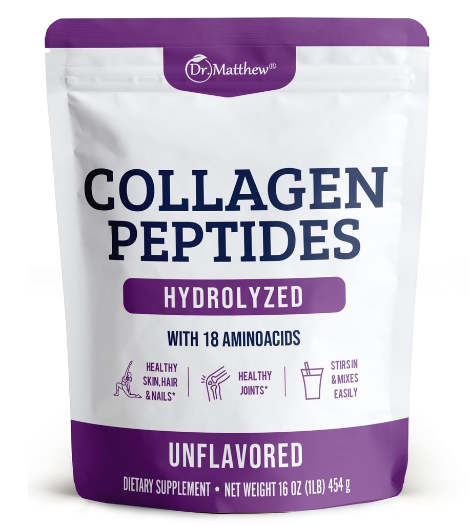 Dr Matthew Hydrolyzed Collagen Peptides Powder - Supplément de protéines de foie non aromatisé et gazonné pour les cheveux, la peau, les articulations - Non-OGM, Céto-Amis, Type 1 et 3, pour les femmes et les hommes