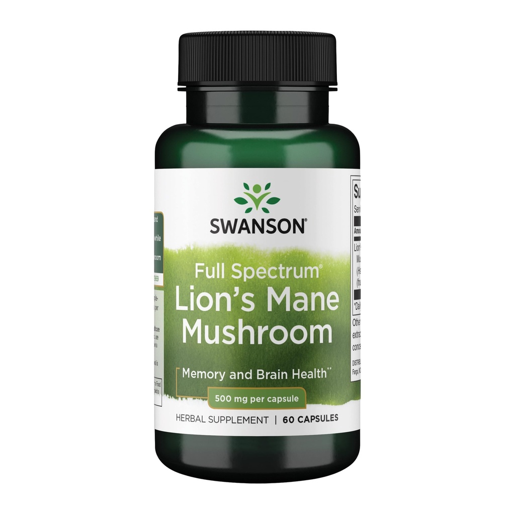 Swanson Lion Mane Mushroom Capsules - 500 mg Chaque, 60 Capsules - Supplément à base de plantes soutenant la fonction cognitive