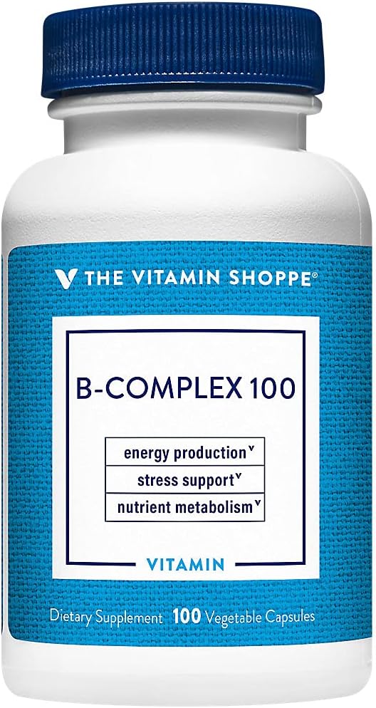 Le complexe Vitamine Shoppe B 100 – soutient la production d'énergie, la fonction du système nerveux et le métabolisme des nutriments – Excellente source de B1, B2, B6, B12, Niacine, acide folique et biotine (100 capsules de Veggie)