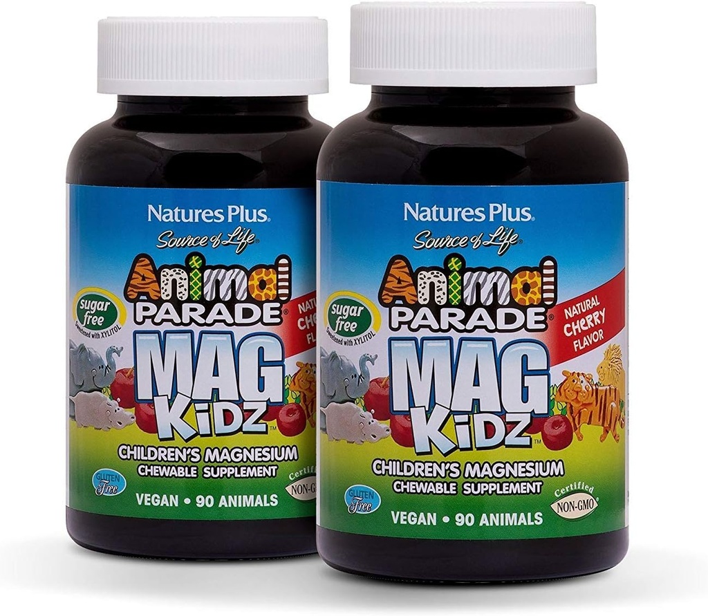 NaturesPlus Animal Parade MagKidz, Saveur de cerise naturelle - 90 comprimés en forme d'animal et à croquer - Paquet de 2 - Soutien sanitaire des os et des muscles - Non-OGM, végétalien, sans gluten, sans sucre - 90 Total des portions