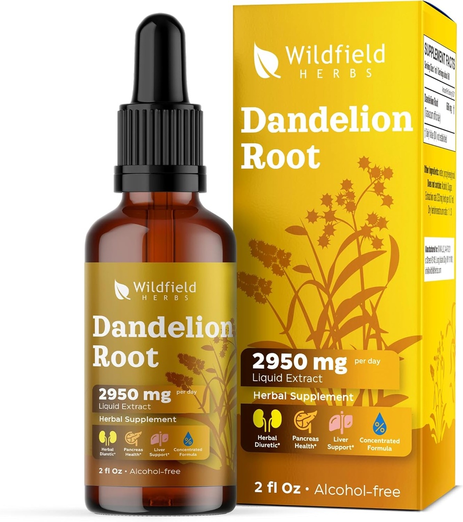 Dandelion gouttes d'extrait de racine 2000mg (Taraxacum officinale L.) Supplément à base de plantes Absorbe mieux que les capsules, 1 mois d'approvisionnement, 84 portions, teinture sans alcool - 2 Oz, boîte de 1