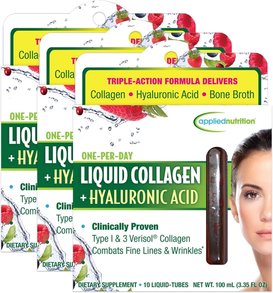 Nutrition appliquée Collagène liquide + acide hyaluronique - 10 tubes liquides, boîte de 3 - Restauration de la peau et des ongles - Arôme de baie mixte - 30 portions