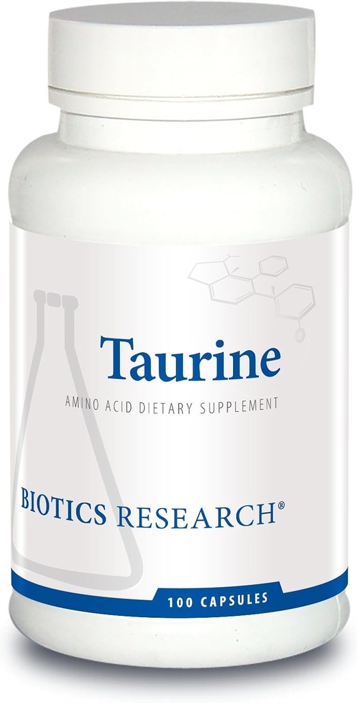 Recherche en biotique Taurine – 500 mg Taurine, Amino Acid, Santé du cerveau, Santé cardiovasculaire, Antioxydant. 100 gélules.