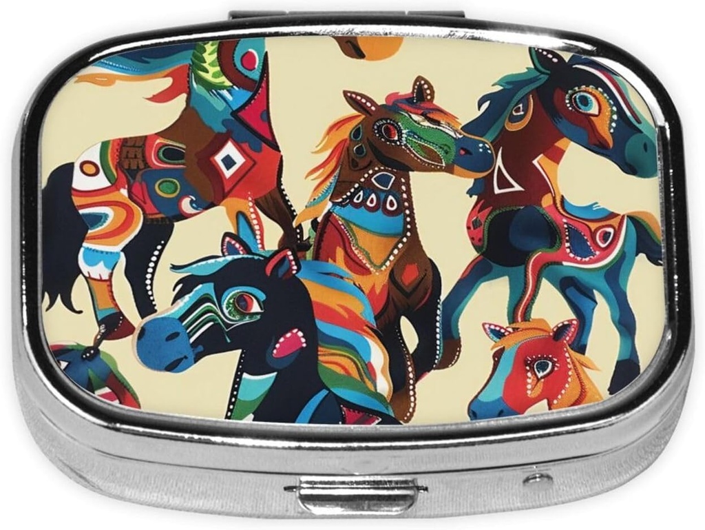 Colorful Cartoon Horse Printed Square Pill Organizer avec 2 compartiments, Portable Mini Pill Box Pill Case pour la médecine, vitamine, huile de poisson, suppléments