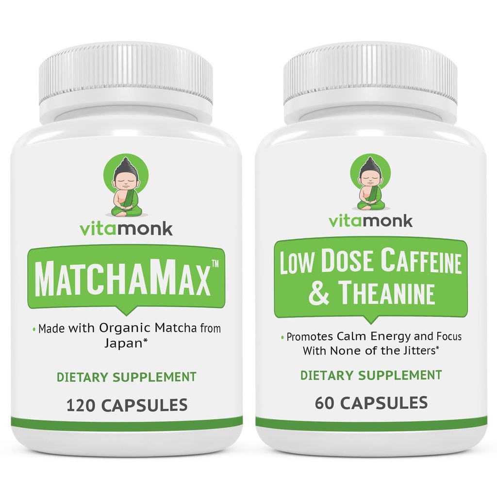 VitaMonk Energy & Focus Bundle: MatchaMax Capsules de Matcha Bio Japonaises Basse Dose Caféine et Theanine