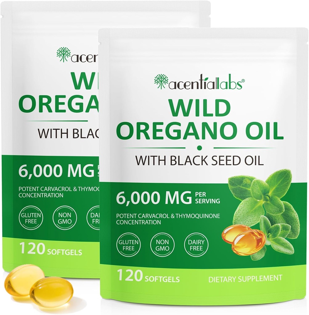 Huile d'Oregano Softgels 6000mg 2 Pack, 2 en 1 Formulé avec l'huile de graines noires 120 Compte, Oregano Capsules d'huile biologique, sans gluten huile d'Oregano Softgels, non-OGM & Immune Support