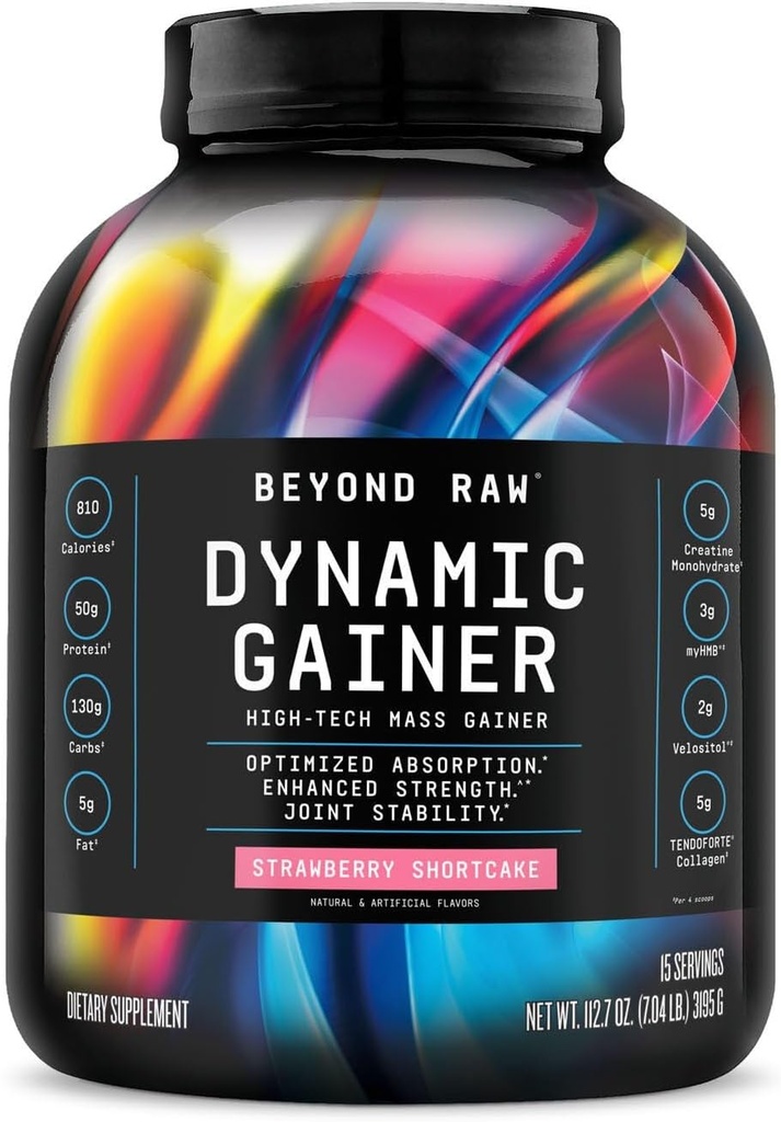 BEYOND RAW Dynamic Gainer, High-Tech Mass Gainer, Optimized Absorption and Enhanced Strength, Strawberry Shortcake, 15 Servings
