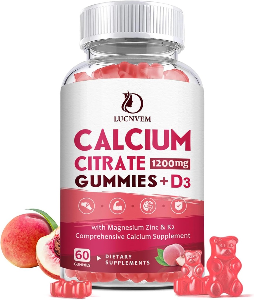 Calcium Citrate 1200mg with Vitamin D3 Gummies, Calcium Gummies with Vitamin D3 for Women & Men, Cal Magnesium Zinc for Bone Muscle Healthy- Natural White Peach Flavor- 30 Day Supply