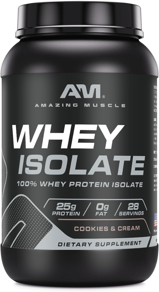 Amazing Muscle Whey Protéine Isolate Poudre de 25 Grams Protéines par Servant de 100% Whey Isolate de Zéro Graisse Fabriquée aux États-Unis (2 Lb, Cookies & Crème)