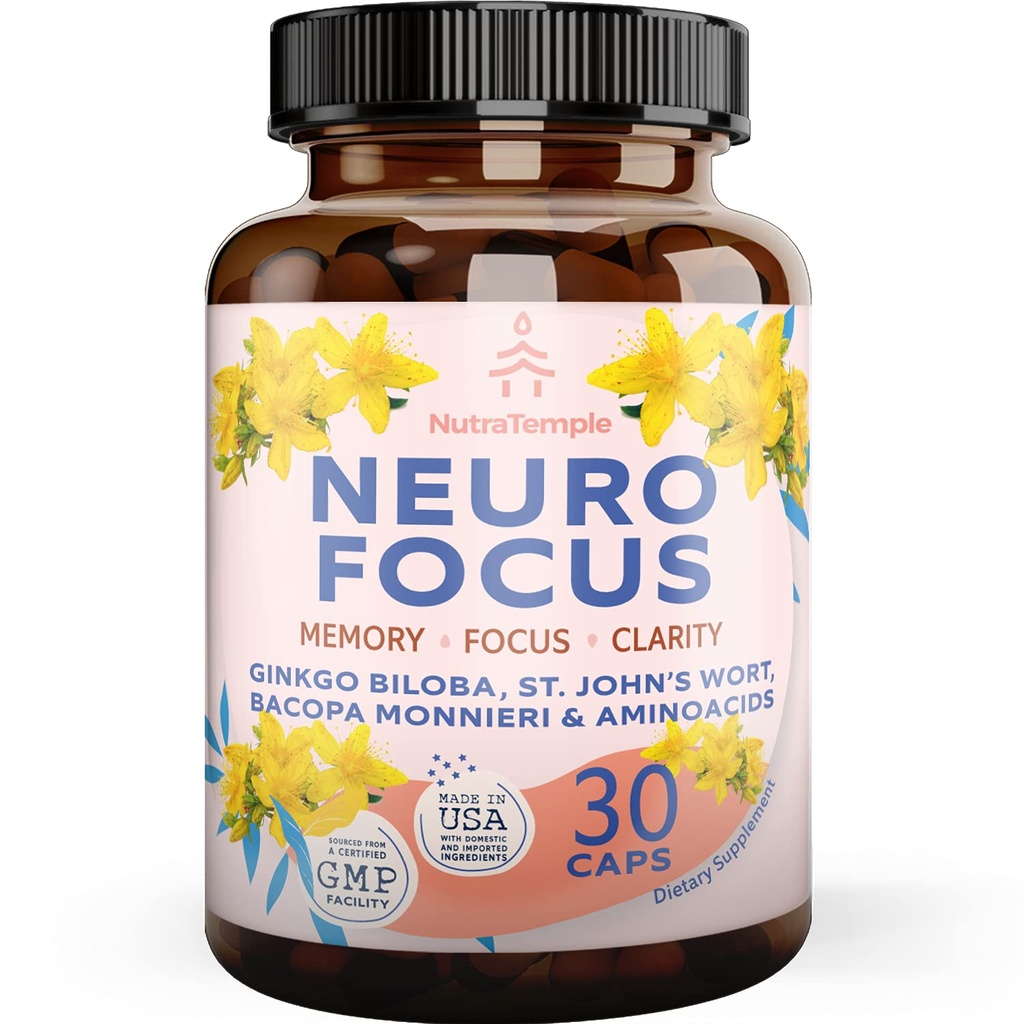 Supplément Brain Booster Gingko Biloba - Nootropics pour l'esprit, la concentration, la mémoire, la clarté avec Bacopa Monnieri, St. Johns Wort - 30 Capsules Brain Food