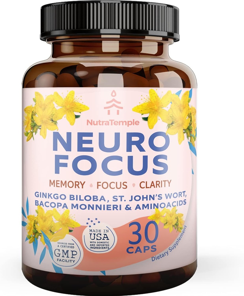 Supplément Brain Booster Gingko Biloba - Nootropics pour l'esprit, la concentration, la mémoire, la clarté avec Bacopa Monnieri, St. Johns Wort - 30 Capsules Brain Food