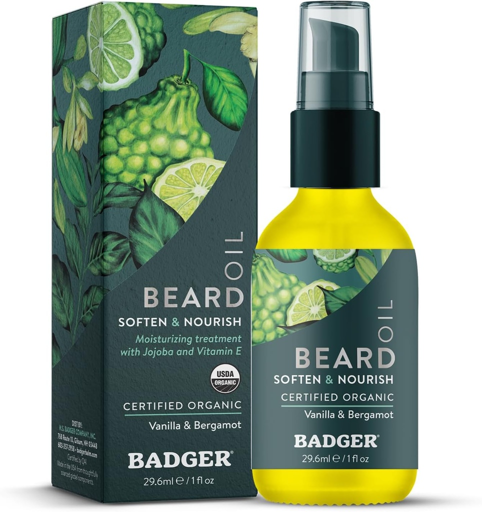 Blaireau huile de barbe, Babassu & Jojoba, certifié biologique, conditionneur de barbe Premium, huile de barbe pour peau sèche, huile de barbe pour barbes longues, huile de cheveux faciale, bouteille de verre 1 fl oz