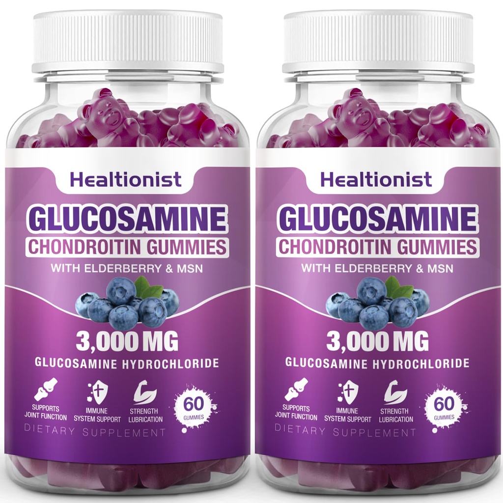 2 Packs 3000mg Glucosamine Chondroïtine Gommy avec MSM & Elderberry - Extra Strength Joint Health, Flexibilité, Antioxydant Immuni Support Supplément Gommy pour adultes, hommes et femmes 120 Cts