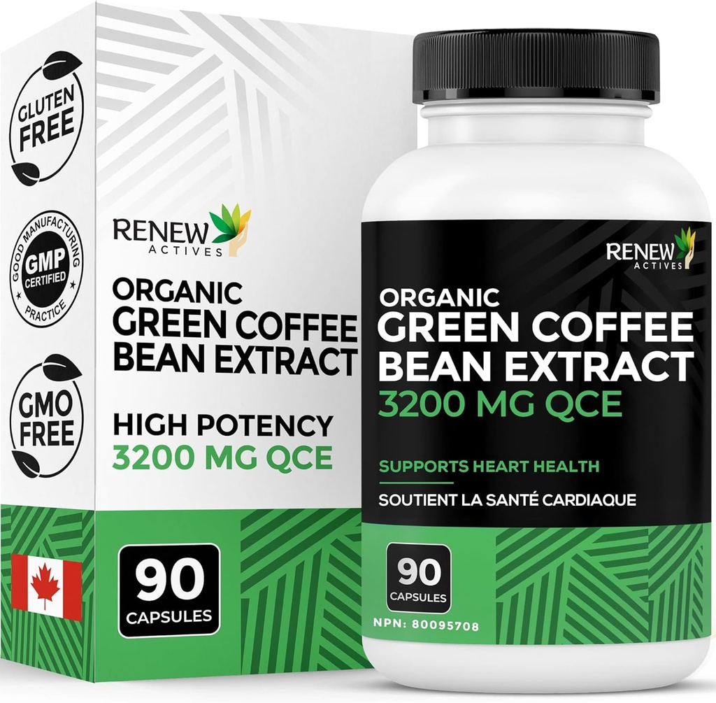 Renouveler les actifs Extrait de fève de café vert haute puissance - 800mg par portion Extrait de fève de café vert avec 50% d'acide chlorogène pour les avantages antioxydants - Fabriqué au Canada - 90 Capsules de végétalien