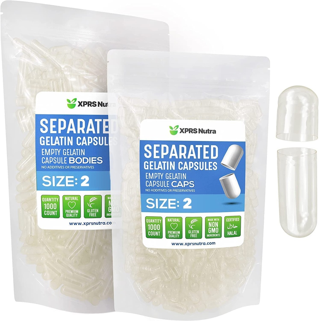 XPRS Nutra Gelatin Size 2 Separated Capsules - 1000 Count Clear Empty Capsules Separated in Bags - Size 2 Gelatin Pills Empty for DIY Supplement Filling