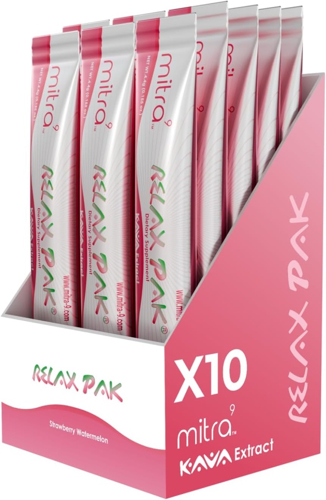 Mitra9 Kava Powder RelaxPak - Strawberry Pastèque Kava Extract Powder Packets Enhancer de l'humeur Basé sur les plantes Promote le calme naturel et la clarté , Easy Open Single-Serving Stick (10)