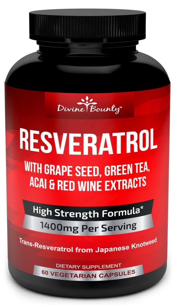 Resveratrol Supplement - 1400mg Extra Strength Formula with Grape Seed Extract and Green Tea Extract - 60 Veggie Capsules