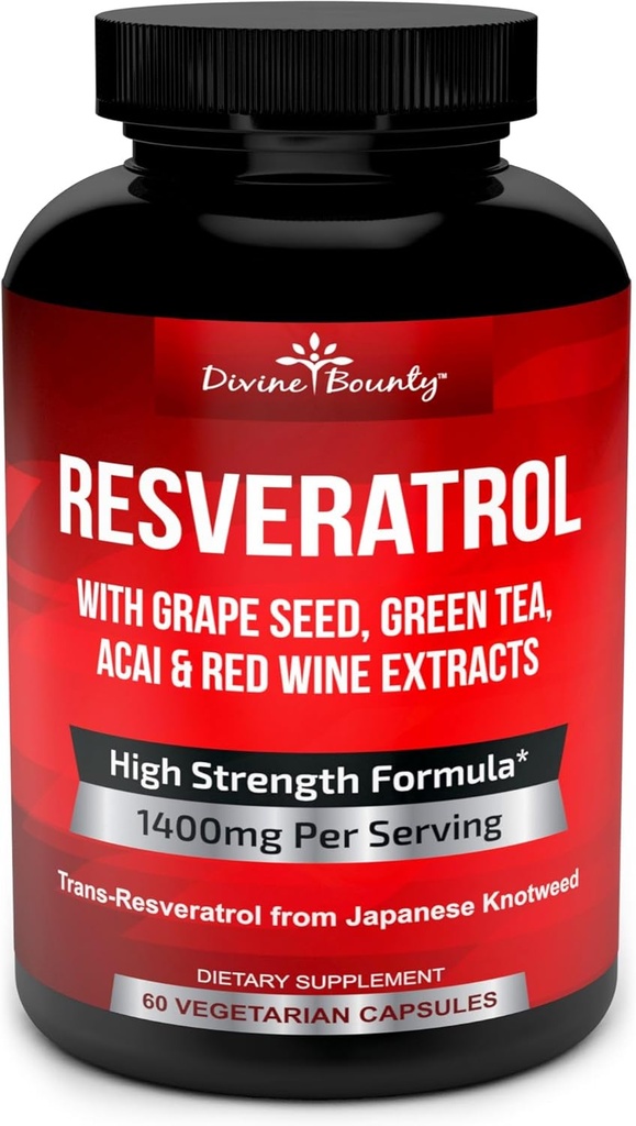 Supplément Resveratrol - 1400mg Formule de force supplémentaire avec extrait de graines de raisin, extrait de thé vert, extrait de vin rouge - 60 capsules de légumes