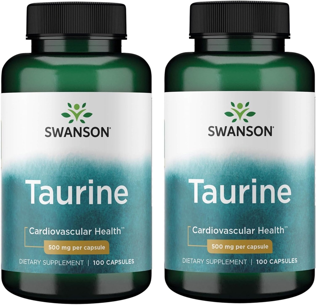 Swanson Taurine - Supplément à l'acide aminé Promouvoir la production d'énergie et l'équilibre électrolytique - Formule naturelle appuyant la santé cardiaque et le mieux-être - (100 capsules, 500mg chacune) (2 pack)