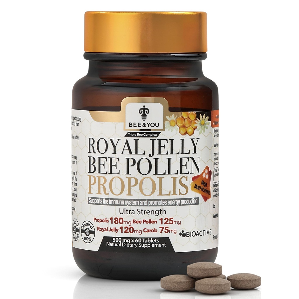 Abeille et vous Royal Jelly Comprimé, Extrait de propolis, Abeille Pollen, 100% Natural Superfood, Ultra Pure, Supplément de soutien immunitaire, Améliorer l'énergie, Focus, Antioxydants, Frais, Keto, Paléo, Sans gluten