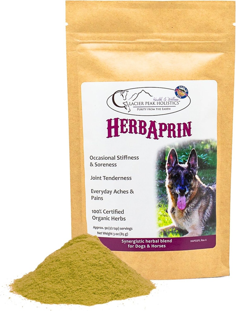 Glacier Peak Holistics HerbAprin - Natural Pain Relief for Dogs, Organic Herb Blend for Arthritis, Aches, Pains, Inflammation, Mobility Support, and Hip & Joint Discomfort - 3oz (90 Servings)