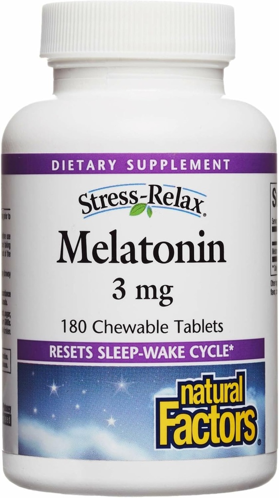 Stress-Relax Melatonine 3 mg par Facteurs Naturels, Aide Naturelle au Sommeil, Réinitialise le Cycle du Sommeil, 180 comprimés à croquer (180 portions), Saveur de menthe poivrée