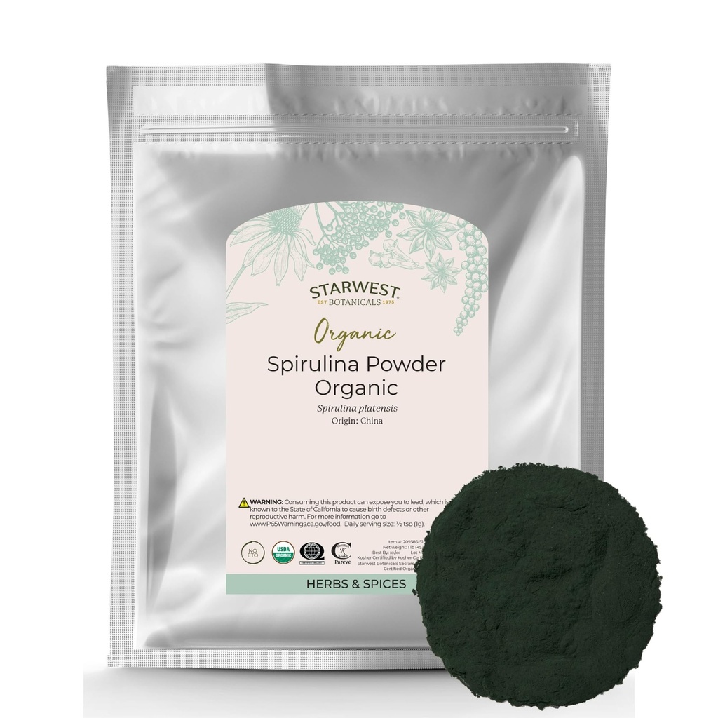 Starwest Botanicals Spirulina Poudre Organique - L'Algae Bleu Séché Superfood, Utilisation en Jus & Smoothies, Certifié Kosher, Non-OGM - Bulk 1 lb Sac