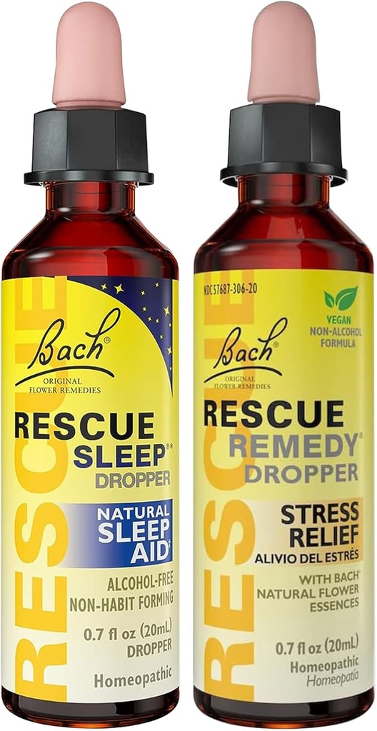 RESCUE Stress Relief & Sleep Support Bundle, Formules Non Alcohol, Bach Remedy Dropper 20mL 2-Pack Sleep Dropper 20mL, Essences de fleurs homéopathiques