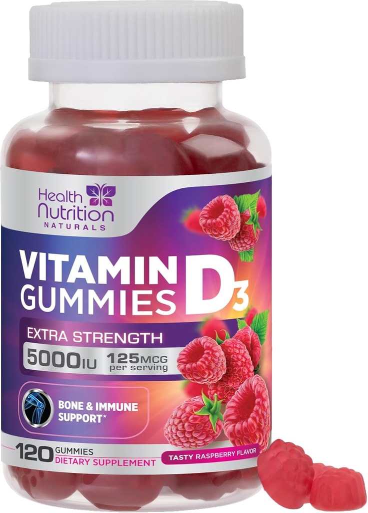Vitamine D3 Gommies 5000 UI (125 mcg) - Soutien triple force osseuse et immunitaire, supplément alimentaire de vitamine D Gommy, supplément de vitamine D au Berry de la nature, aromatisé aux framboises, non-OGM - 120 Gommies