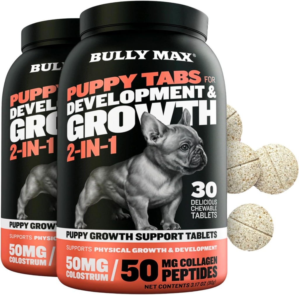 Bully Max 2-en-1 Vitamines puppy - 30 comprimés à croquer pour la croissance et le développement des chiots - Multivitamines et compléments pour chiens essentiels pour petits chiens et gros chiots de race - 2 bouteilles