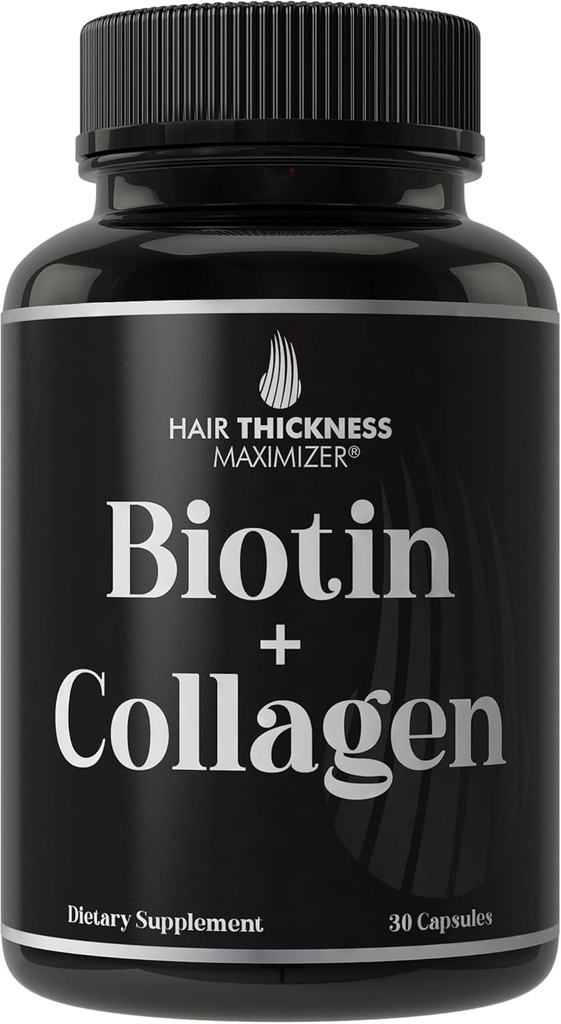 Supplément Biotine et Collagène – 10 000 mcg Biotine + Collagène Bovin pour Cheveux Fins et Brillants. Complexe de vitamines 2-en-1 avancé. Soutient la croissance des cheveux, plus saine pour les femmes, les hommes