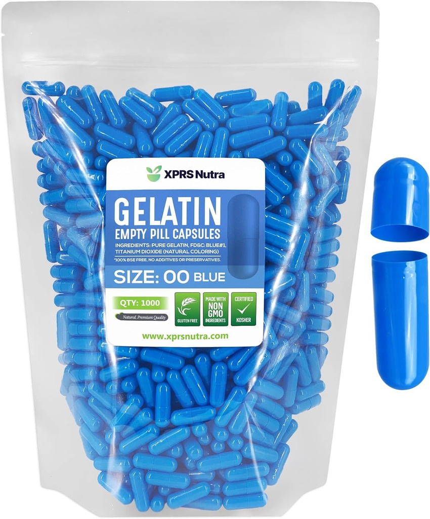 XPRS Nutra Taille 00 Capsules vides - 1000 Capsules de gélatine vides - Pills Bricolage Capsule Remplissage - Capsules de gel rechargeables pour compléments Do-It-Youlf (Blue)