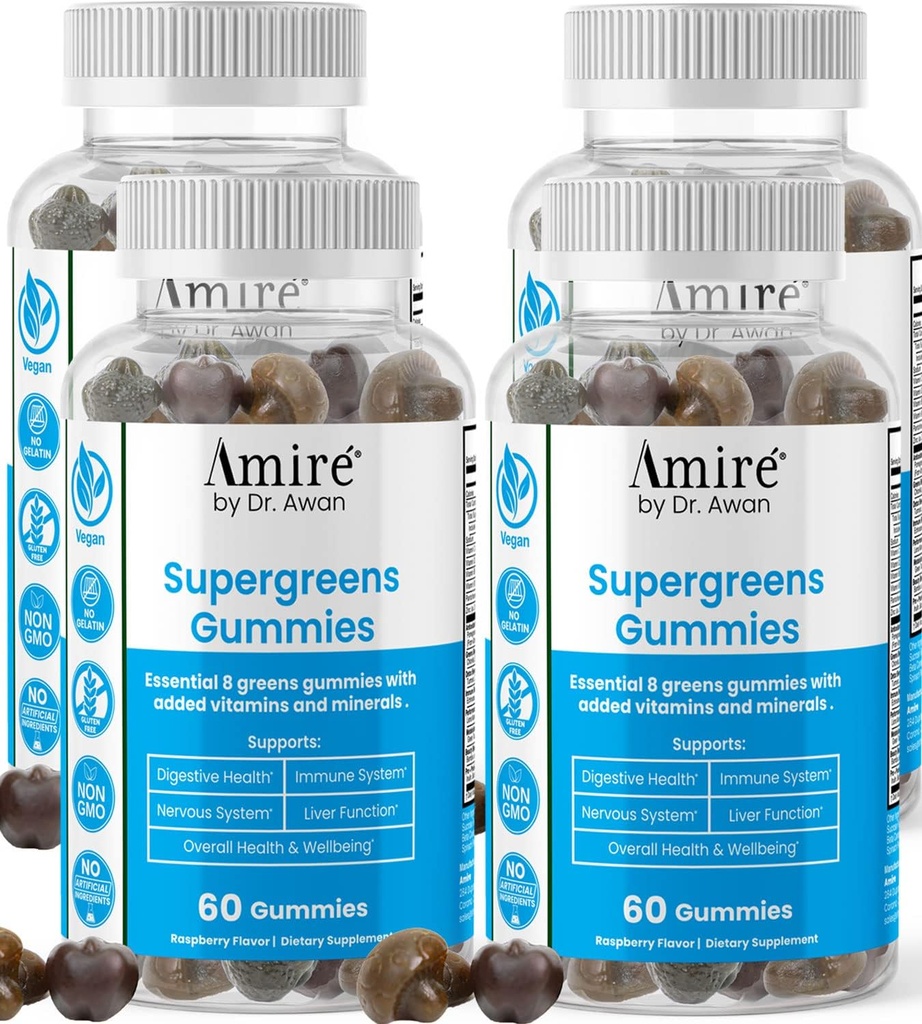 Amire de Dr. Awan Super Greens Gummies, Fruits & Veggies Supplément, Green Superfood pour l'immunité, le métabolisme, la fonction hépatique et le système nerveux, essentiels 8 Verts, 240ct, 4-Mois