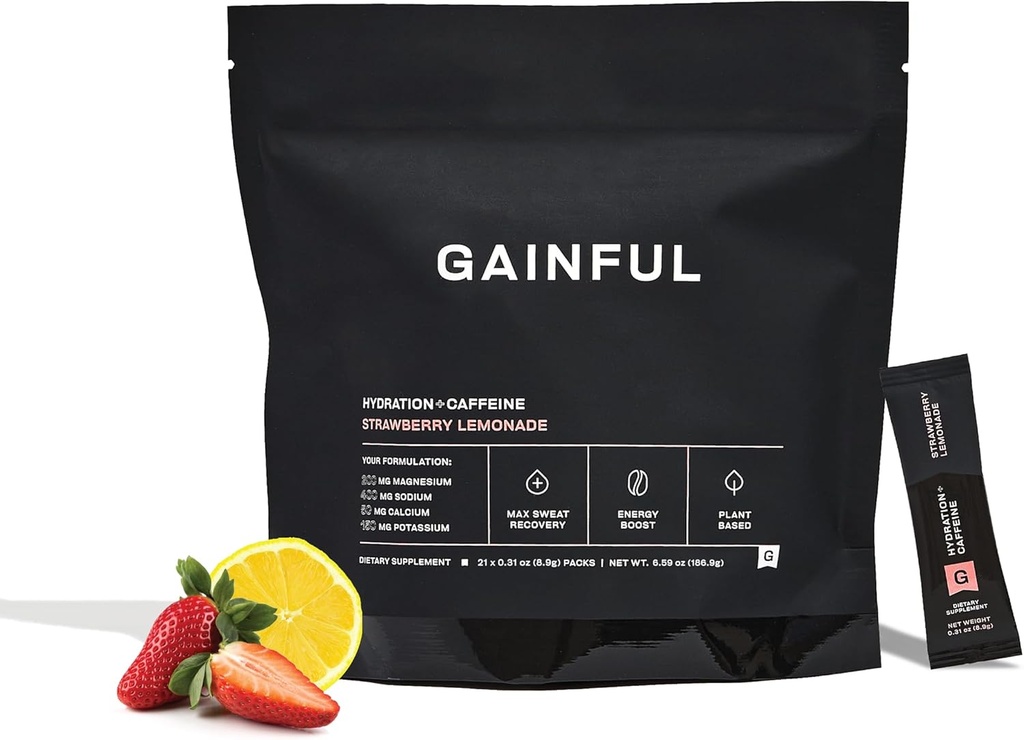 Gainful Hydration + Caffeine Powder Packets with Key Electrolytes Magnesium & Sodium + L Theanine, Low Sugar Drink Mix, Strawberry Lemonade, 21 Sticks