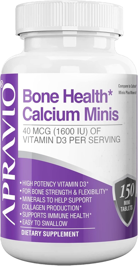 Comprimés Bone Health Calcium Minis, Suppléments Calcium avec Vitamine D3, Magnésium, Zinc, Cuivre, Manganèse, Minéraux pour aider à soutenir la force osseuse, Production de collagène, Santé immunitaire, 150ct
