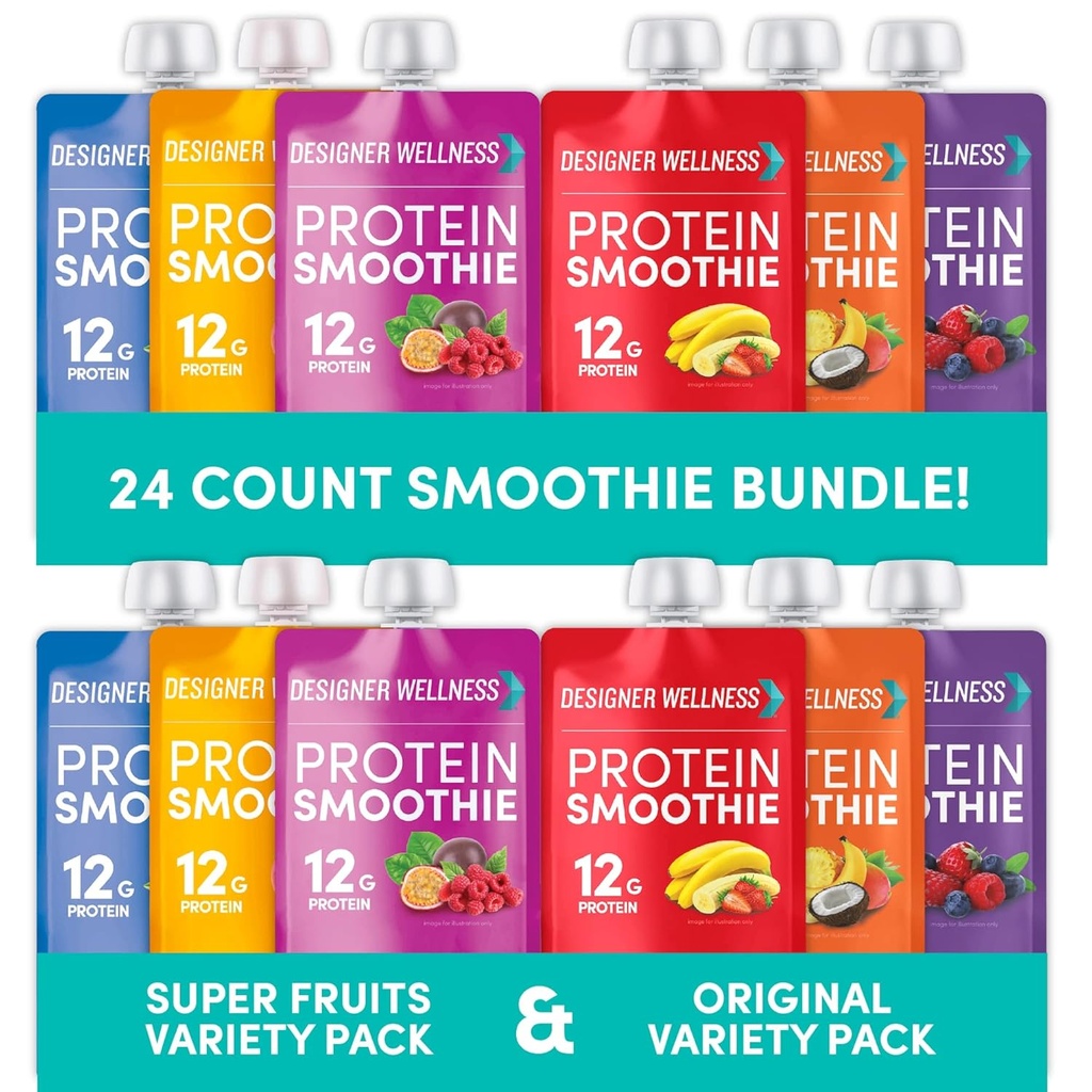 Designer Wellness Protein Smoothies Original Variety Pack & Super Fruits Variété Pack Bundle
